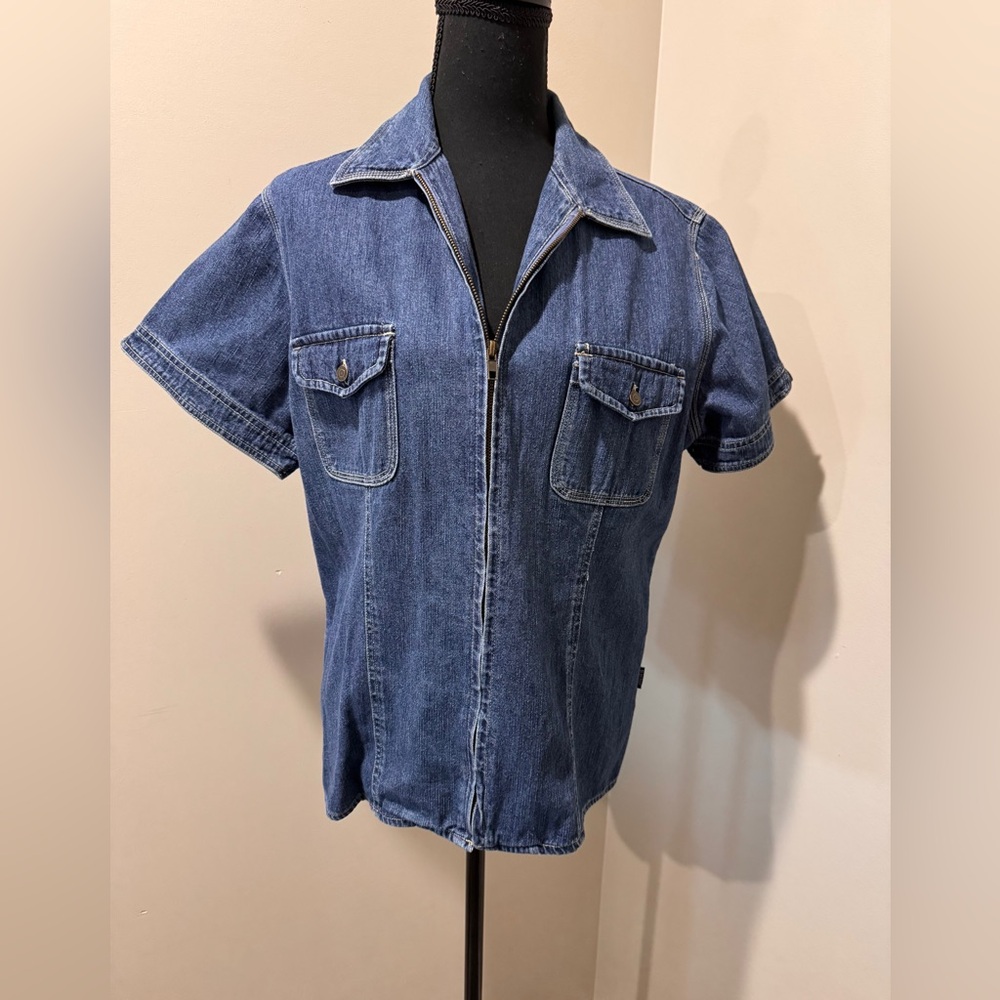 Blassport Large Short Sleeve Denim Zip‎ Front Shirt Vintage Denim Utility Chic